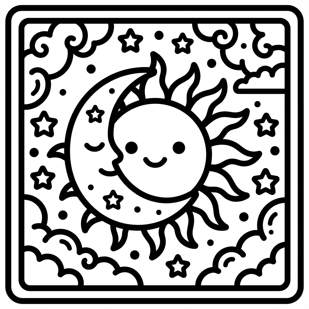 Cute sun and moon eclipse scene, designed as bold line coloring pages and simple thick line art.